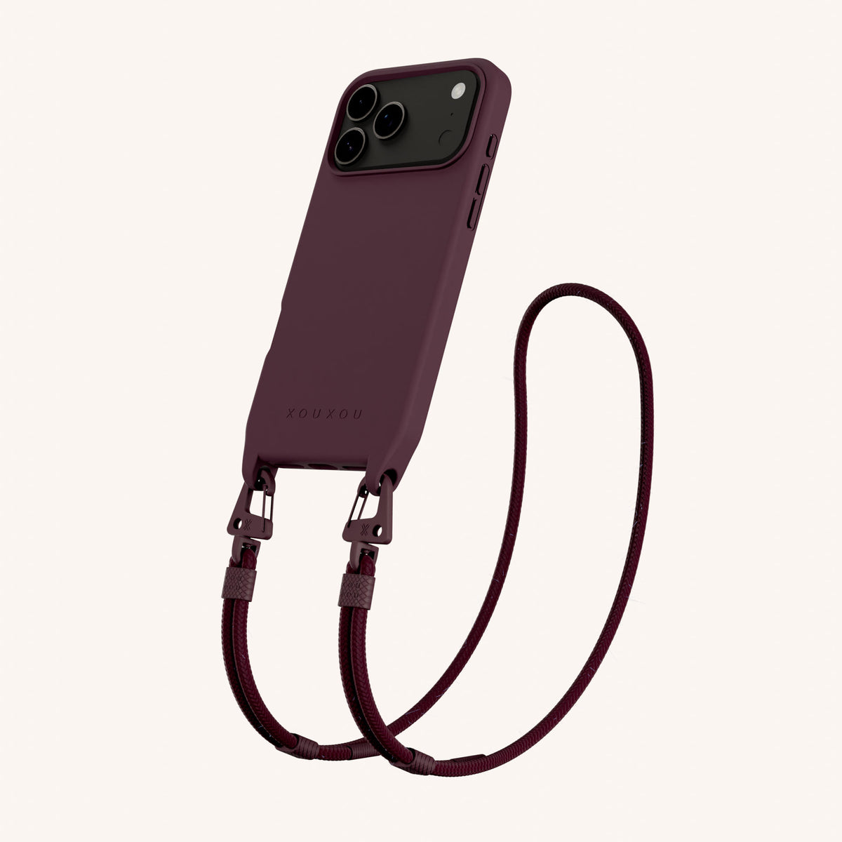 Phone Necklace with Carabiner Rope for iPhone 17 Pro with MagSafe in Burgundy Total View | XOUXOU #phone model_iphone 17 pro